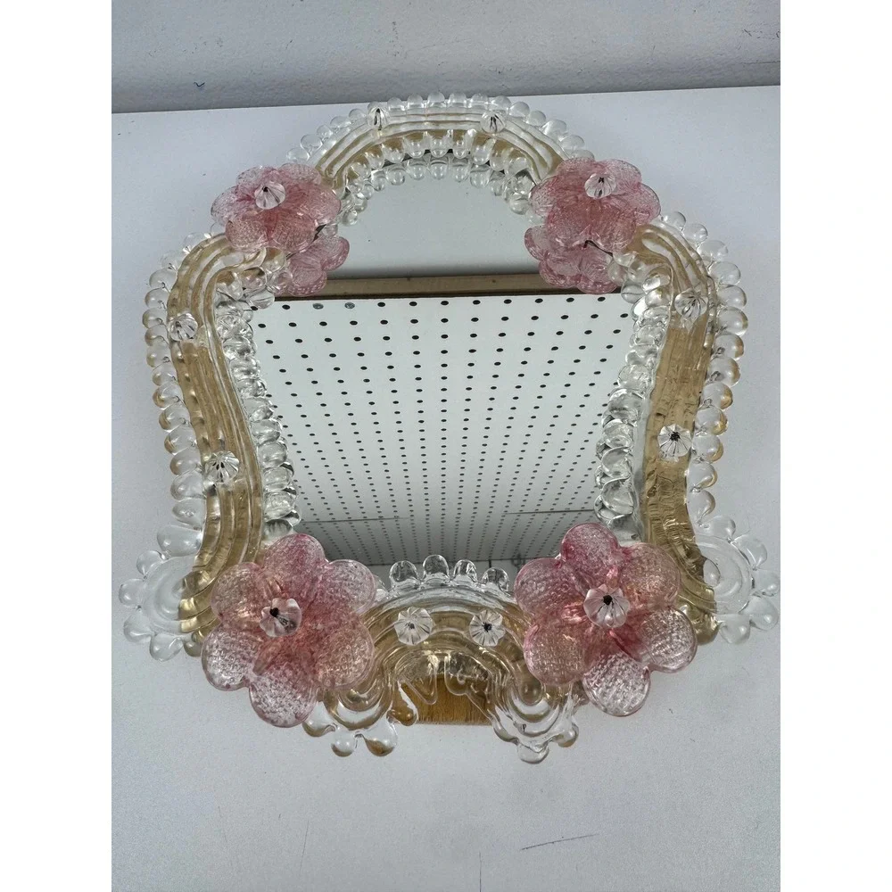 Vtg Murano Glass Vanity Mirror Pink Flowers Coquette Venetian Tabletop Wall